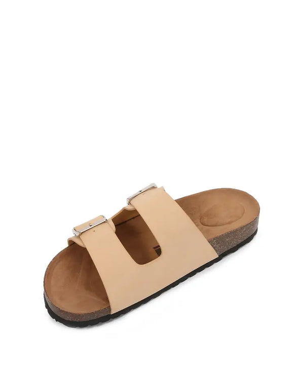 Soft Cork Double Strap Banded Slider Sandals-Apricot