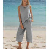 Round Neck Striped Sleeveless Top & Cropped Pants Set