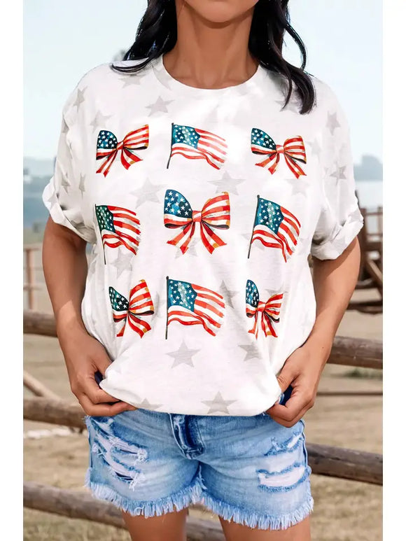 Fashion-W Patriotic Flag Bow Graphic Starry T Shirt