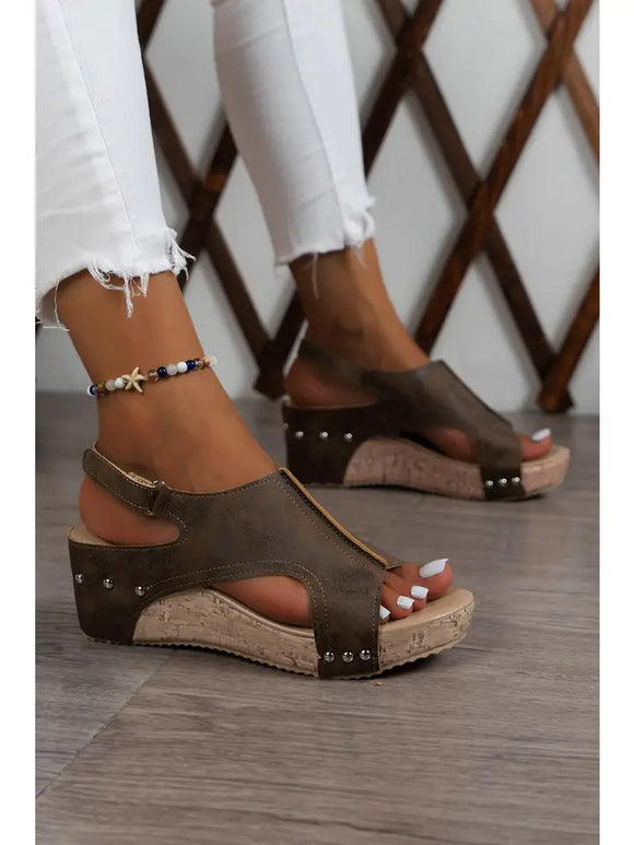 Suede Patched Studded Cut Out Wedge Sandals