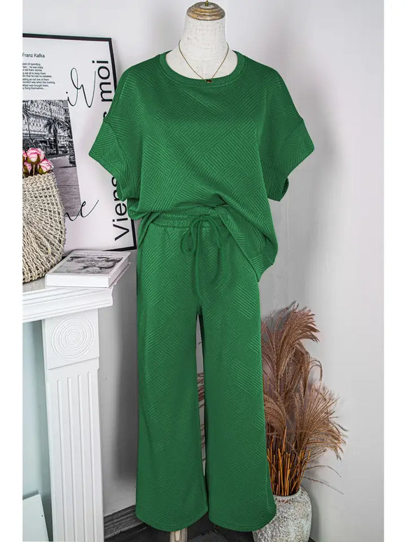 Fashion-W Texture Loose T Shirt and Drawstring Pants Set