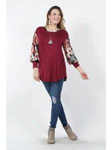 Plus Size Floral Print Bishop Sleeve Curved Hem