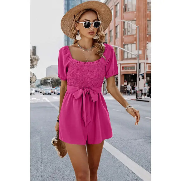 Solid Smocked Square Neck Waist Tie Romper