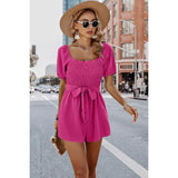 Solid Smocked Square Neck Waist Tie Romper
