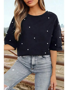 Fashion-W Pearl Beaded Drop Shoulder Crewneck T Shirt