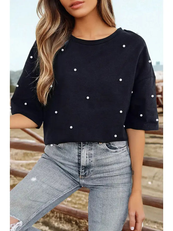 Fashion-W Pearl Beaded Drop Shoulder Crewneck T Shirt
