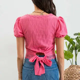 Floral Lace Trim Back Tie V Neck Blouse