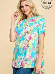 Plus Floral Split Neckline Short Slv Tunic Top