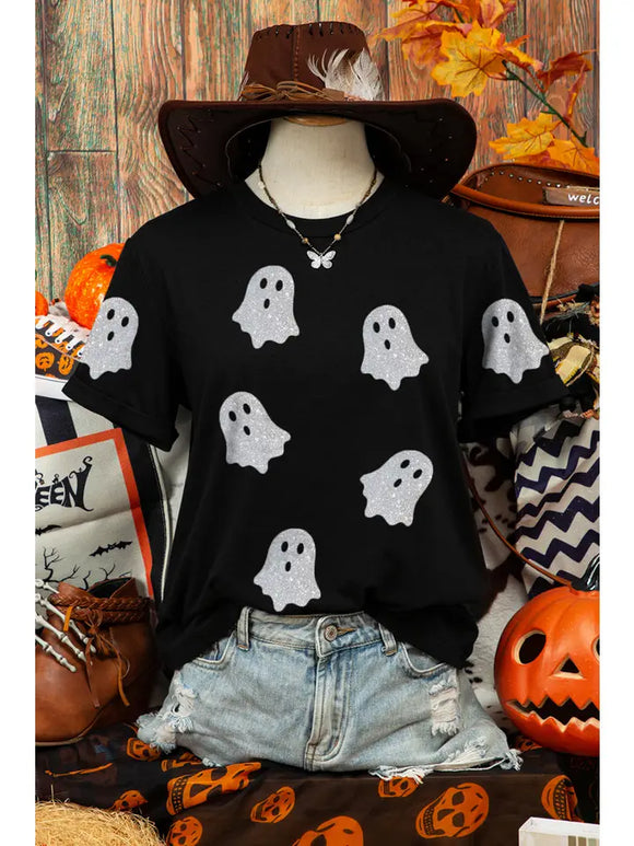 Fall Glitter Ghost Graphic Crew Neck Halloween T Shirt