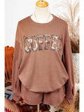 Fashion-W Sequin Coffee Loose Fit Sweatshirt and Shorts Set