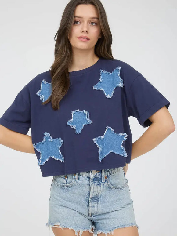 Denim Star Patch Short Sleeve Knit T-Shirt
