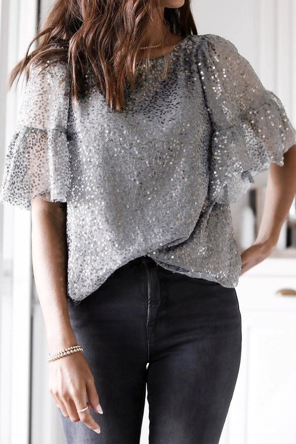 Gray Ruffled Sleeves Sequin Blouse