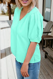Plus Size Solid Color V Neck Short Puff Sleeve Blouse