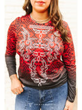 Plus Size Red Black Aztec Bootstitch Printed Long Sleeve Top