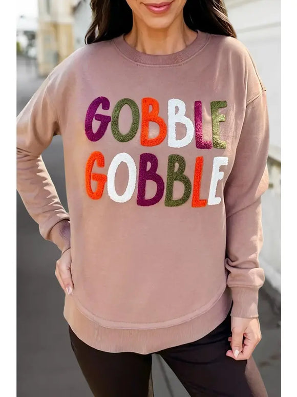 Gobble Letter Patch Graphic Thanksgiving Sweatshirt