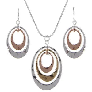 Multi-Colored 3-Layered Hammered Oval Pendant Set