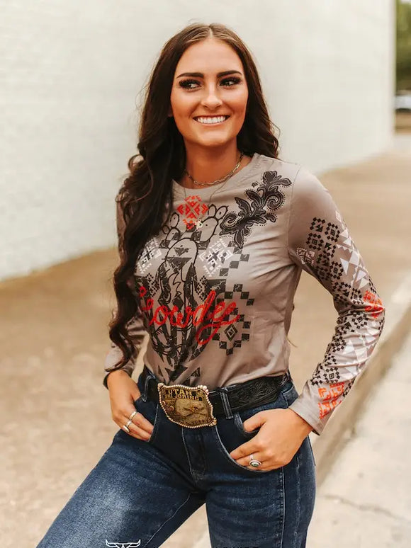 Mocha Cactus Aztec Howdy Printed Long Sleeve Top