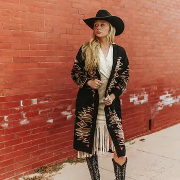 Black Aztec Knit Long Duster