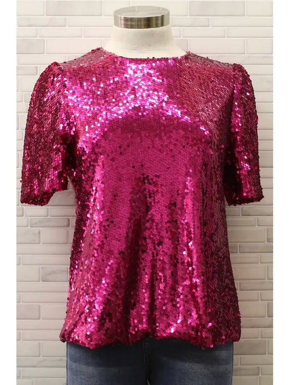 Short Sleeve Sequin Top- MAGENTA