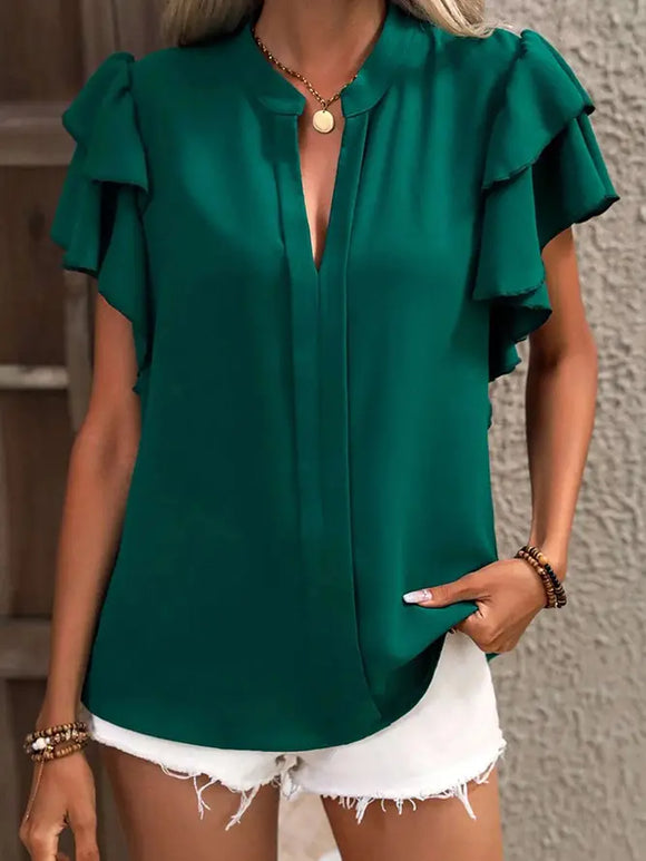 Plain V Neck Dual Ruffles Sleeves Blouse