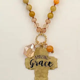 Etched Cross Pendant Beaded Long Necklace Set