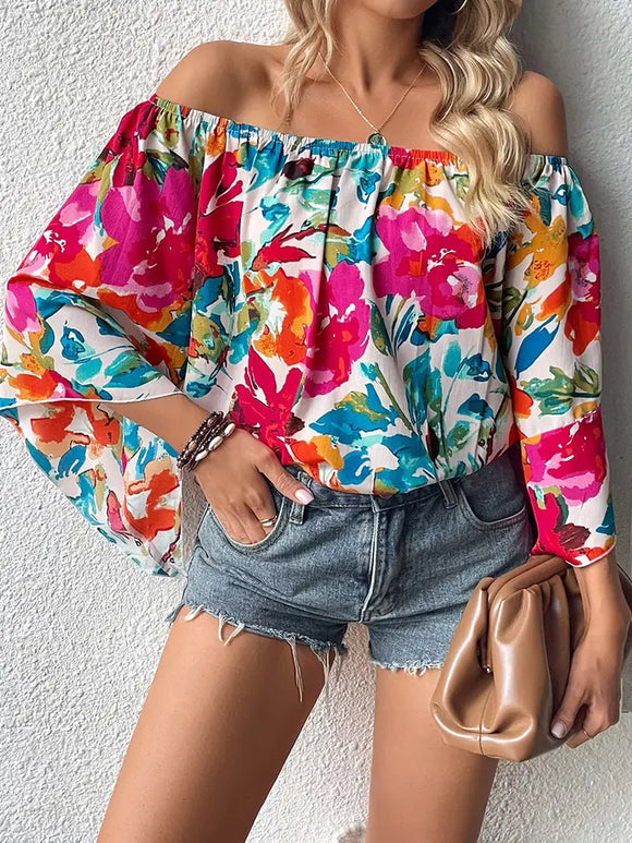 Floral Print Off Shoulder Wide Sleeve Blouse