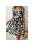 Deep V Neck Allover Print Ruffle Tassel Dress