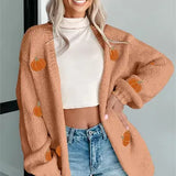 White Pumpkin Print Open Front Drop Shoulder Midi Cardigan