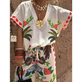 V-Neck Short Sleeve Printed Linen Wide-Leg Pants Set