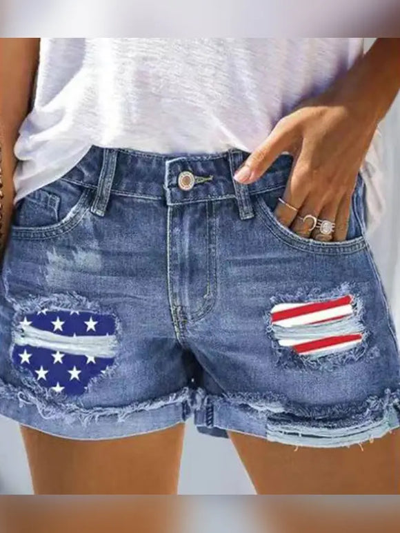Us Flag Independence Day Patchwork Ripped Denim Shorts