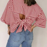 Women Red Striped Top Casual Half Sleeve Tee