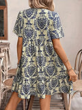 Ethnic Style Prints Loose V-Neck Short Dress