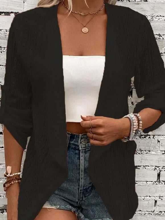 Plain Jacquard Turn Down Neck Open Cardigan