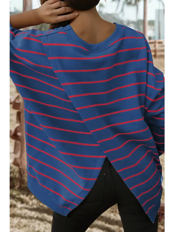 Stripe Overlap Detail Drop Shoulder Pullover Sweatshirt