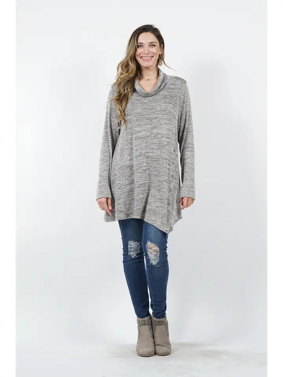 Plus Size Cowl Neck Side Button Asymmetric Tunic