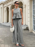 Plaid Patterned Top Straight-Leg Trousers Set