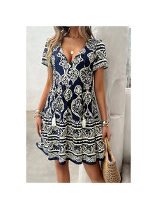 Deep V Neck Allover Print Ruffle Tassel Dress