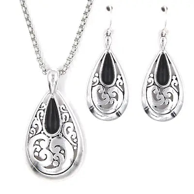 Onyx Stone Filigree Cutout Teardrop Pendant Set