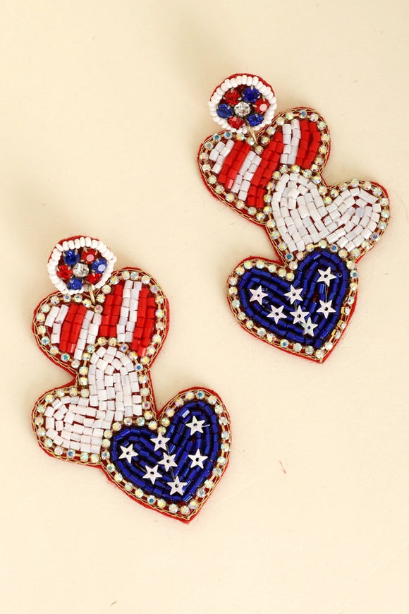 Patriotic USA Flag Heart Seed Beaded Earrings