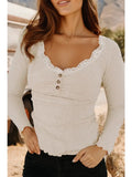 Lace Neckline Button Decor Lettuce Edge Long Sleeve Rib Top