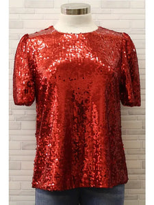 Short Sleeve Sequin Top-RED