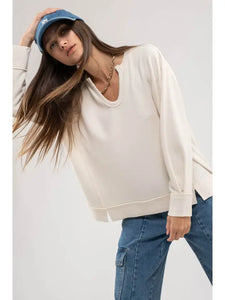 Raw Edge Split Neck and Hem Rib Knit Top