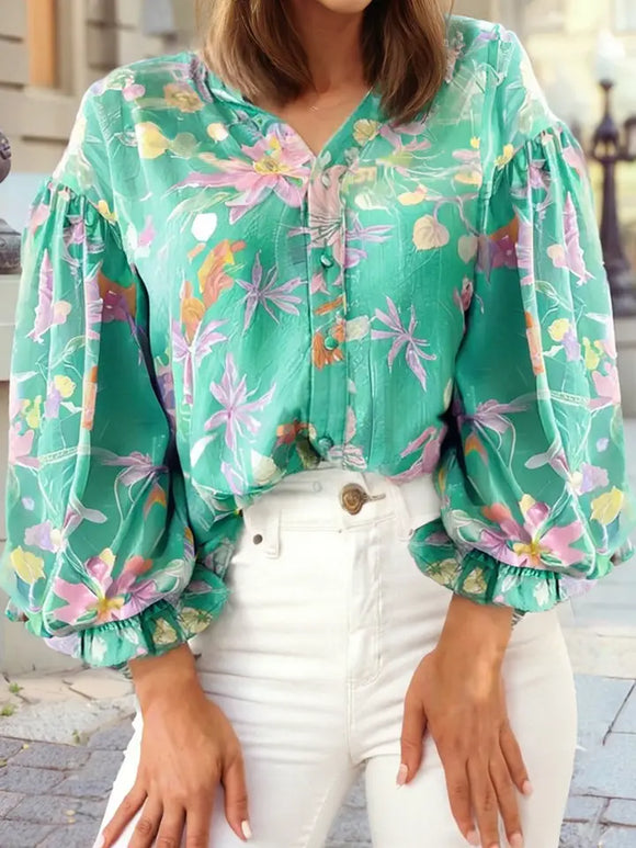 Floral Lantern Sleeve Button Front Shirt
