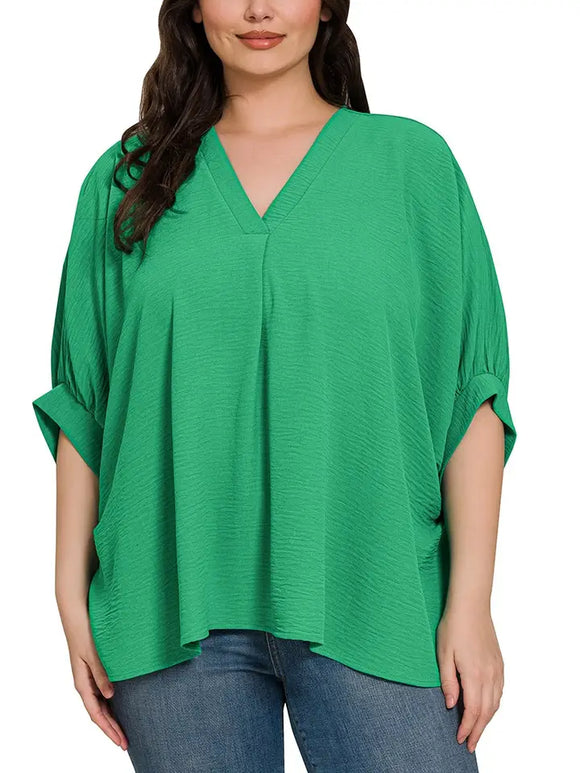 Plus Woven Airflow V-Neck Puff Half Sleeve Top