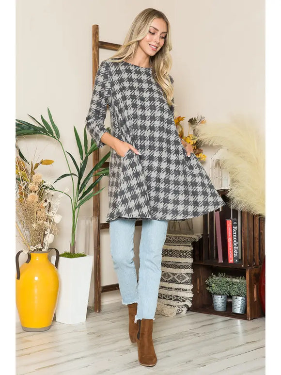 Plus Size 3Q Sleeve Houndstooth A-Line Tunic Dress