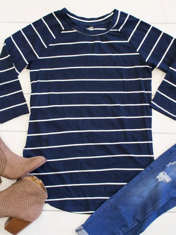 3/4 Sleeve Striped Ella Tunic-Navy