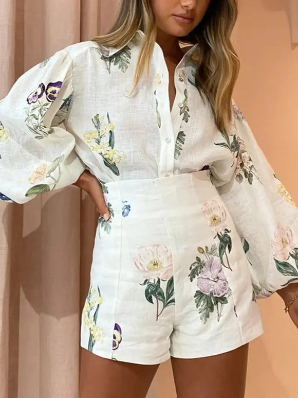 High-Waisted Shorts Shirt Linen Printed Temperament Suit