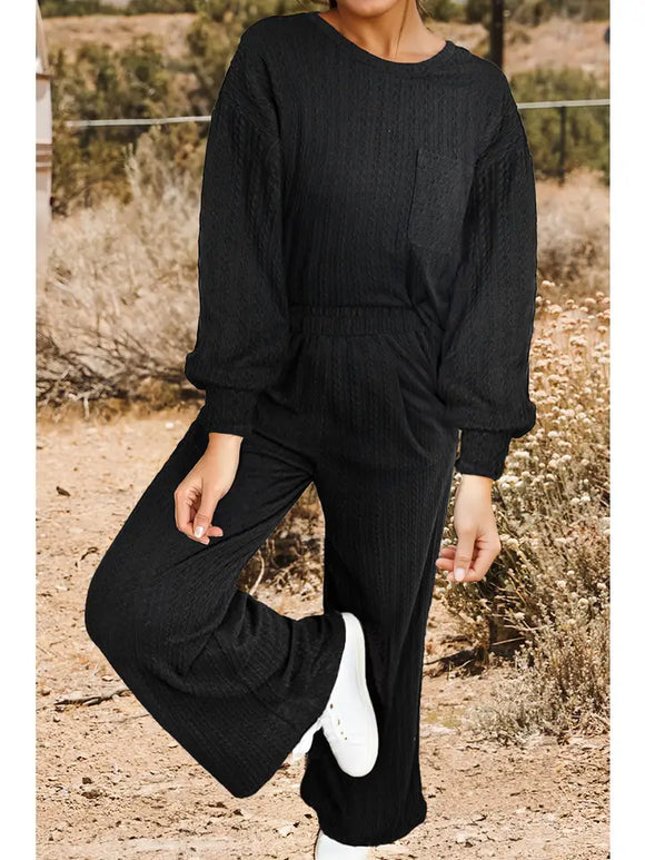 Fashion Textured Chest Pocket Long Sleeve Top 2Pcs Pants Set