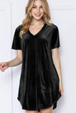 SOLID VELVET SHORT SLEEVE V-NECK TUNIC DRESS