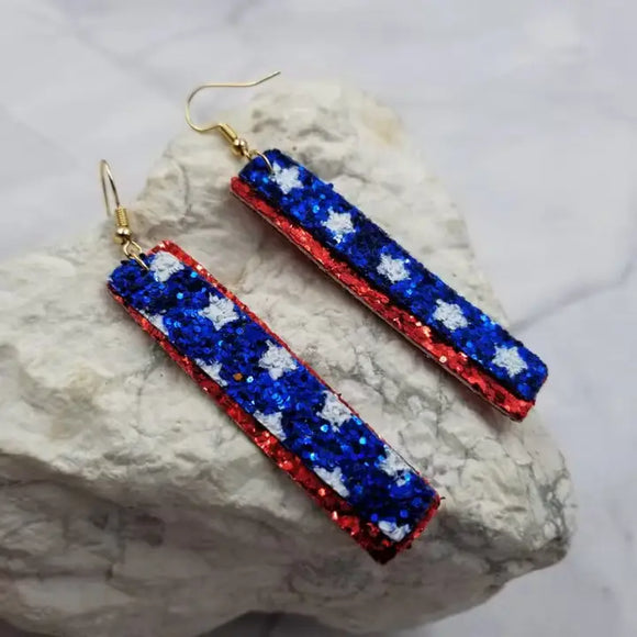 Patriotic Glittery Star Leather Bar Earrings